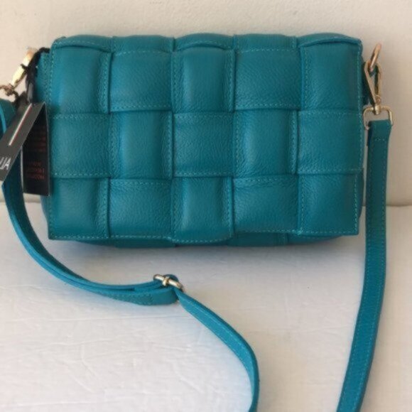 Chiara Ferretti Quilted Italy Leather Flap Over Woven Crossbody Blue Handbag - Picture 10 of 10